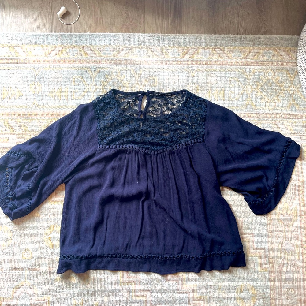 Navy Blouse with Lace Detailing